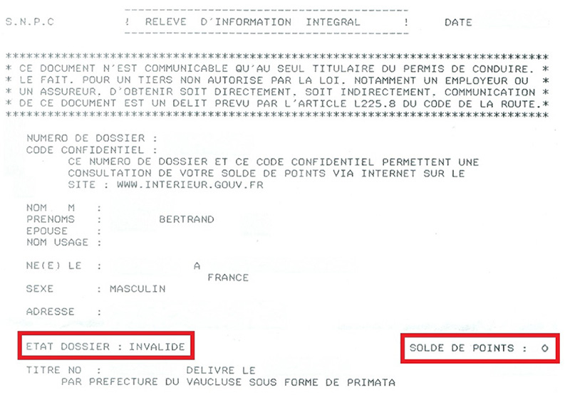 Relevé d'information dossier invalide