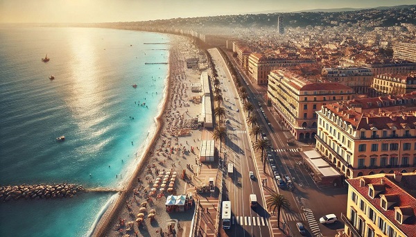 Paysage de Nice avec sa plage, sa Méditerranée à perte de vue et ses lieux de stage de récupération de points.